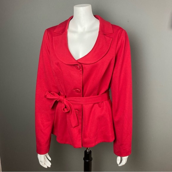 Sandro blazer jacket large Red Peplum belted leopard print lining retro Paris - Picture 1 of 10
